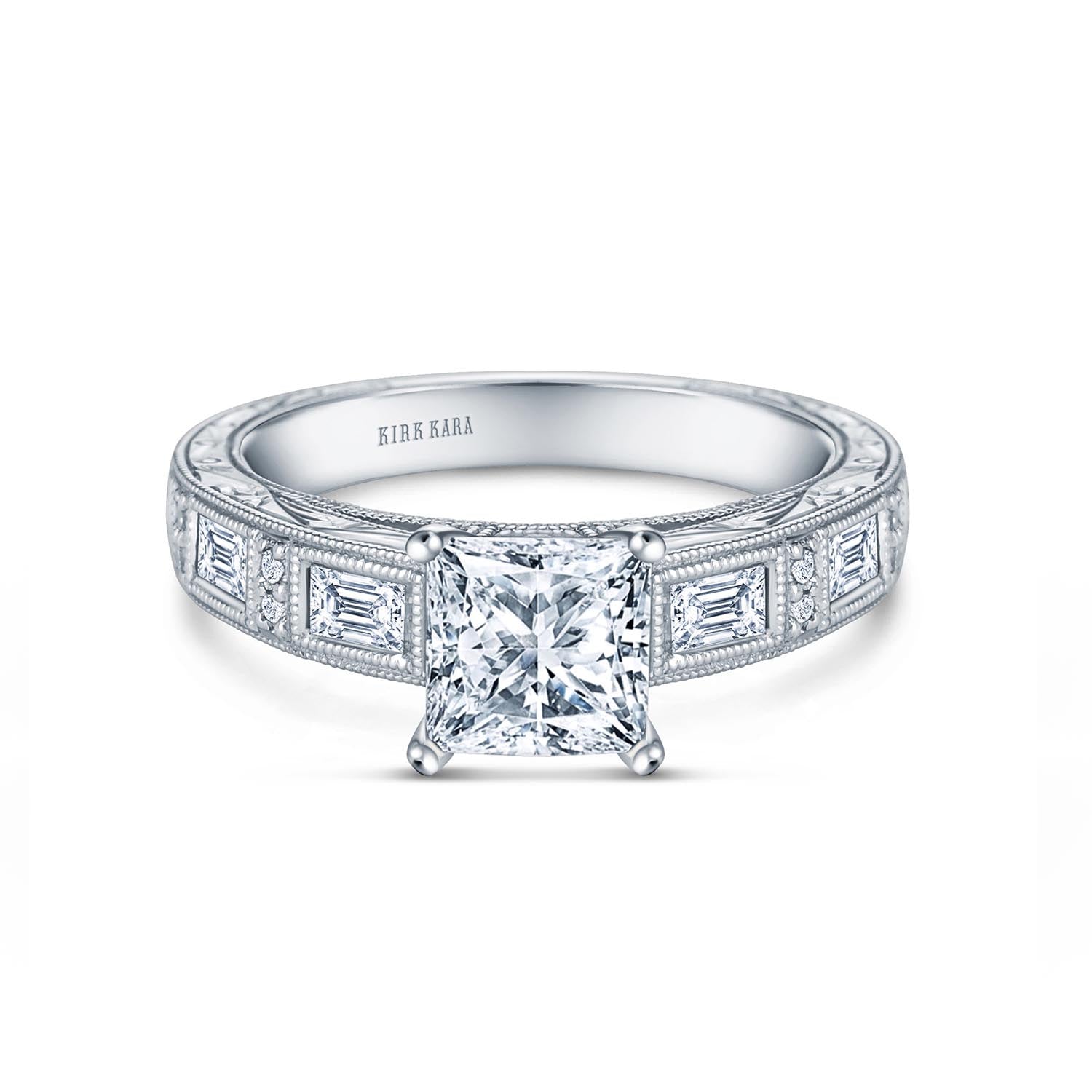 Baguette Engraved Cathedral Diamond Engagement Ring
