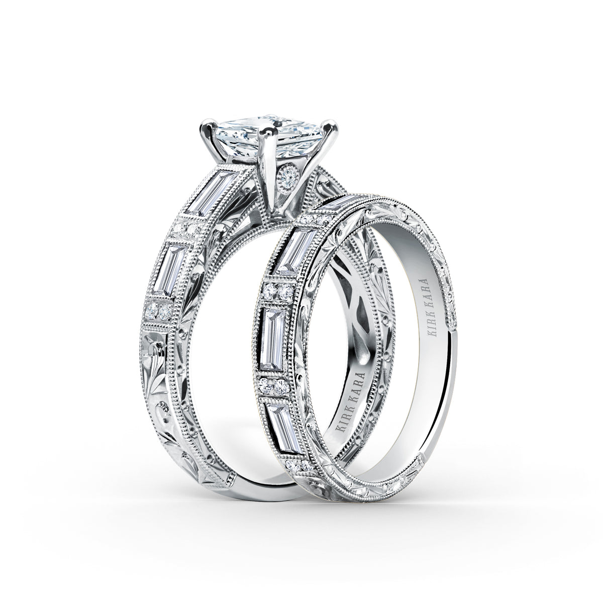 Baguette Engraved Cathedral Diamond Engagement Ring