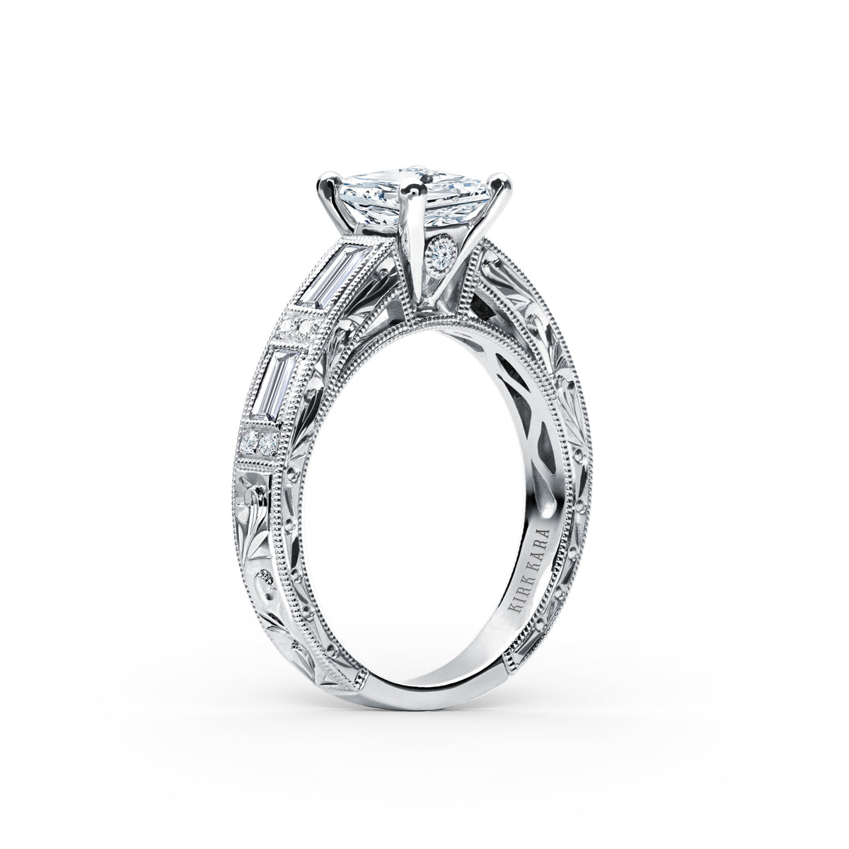 Baguette Engraved Cathedral Diamond Engagement Ring