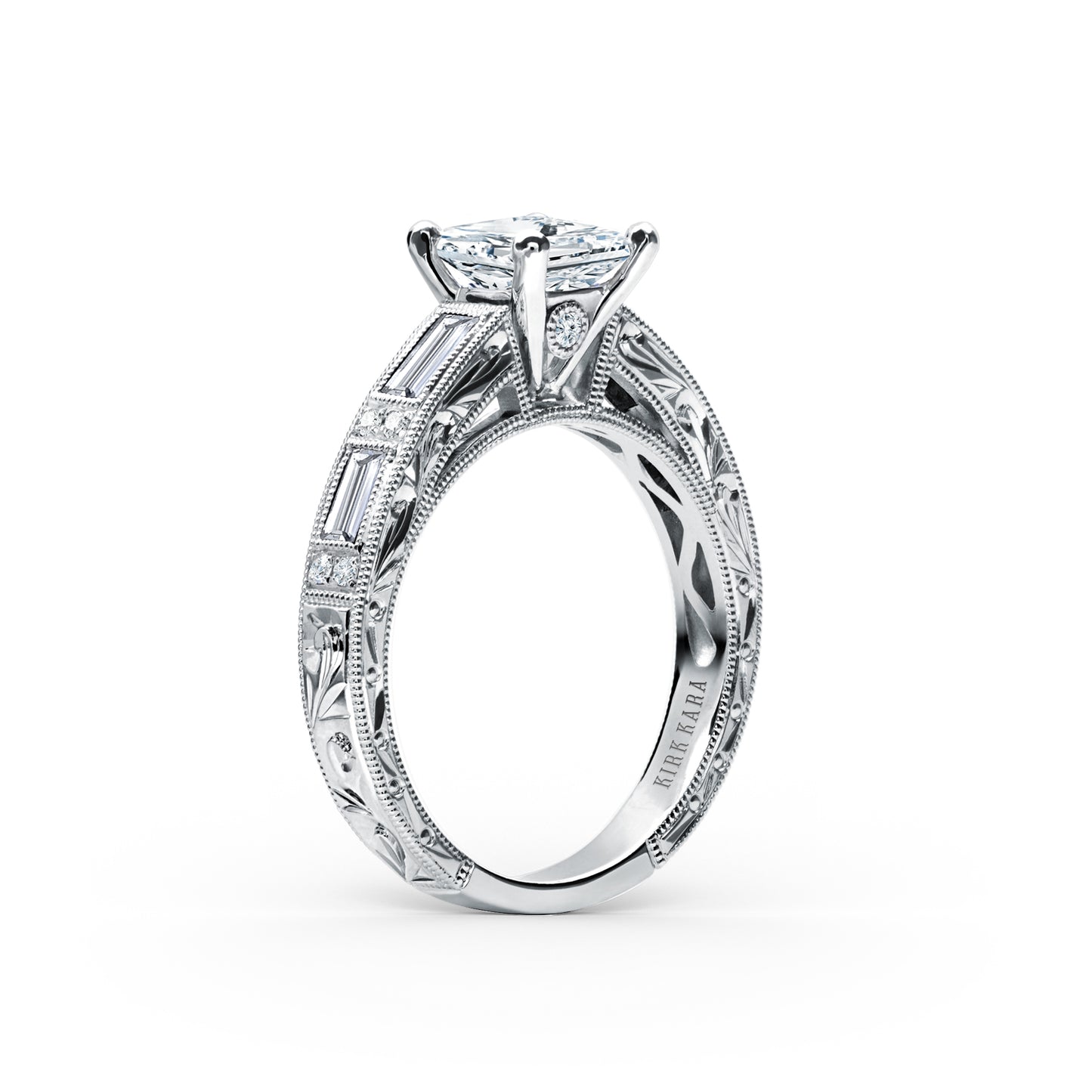 Baguette Engraved Cathedral Diamond Engagement Ring