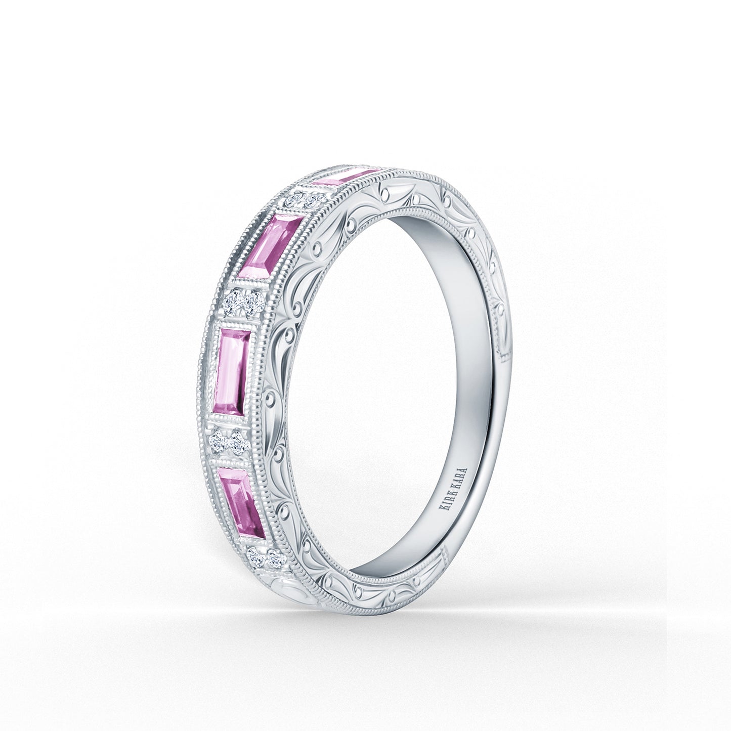 Pink Sapphire Baguette Engraved Diamond Wedding Band