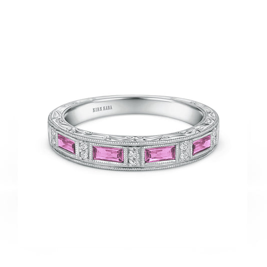 Pink Sapphire Baguette Engraved Diamond Wedding Band