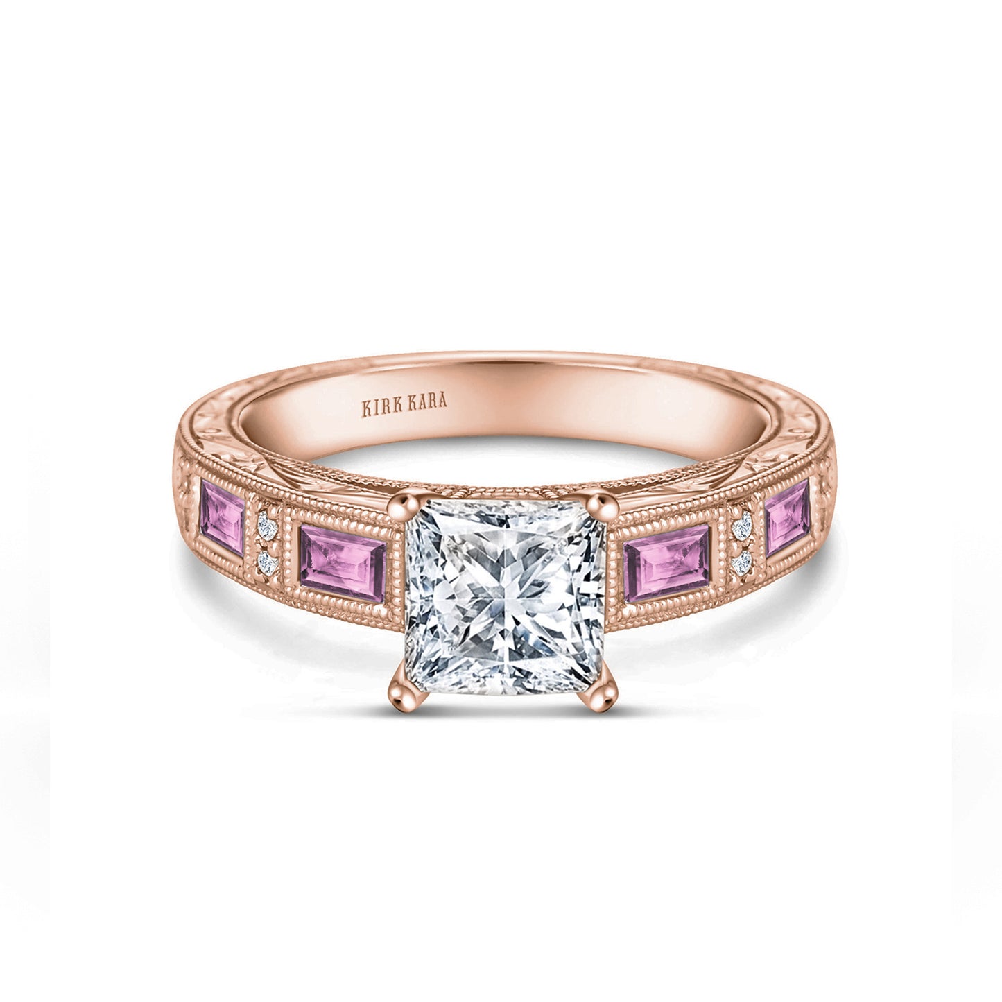 Pink Sapphire Baguette Engraved Cathedral Diamond Engagement Ring