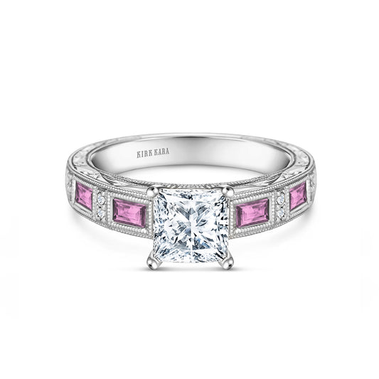 Pink Sapphire Baguette Engraved Cathedral Diamond Engagement Ring