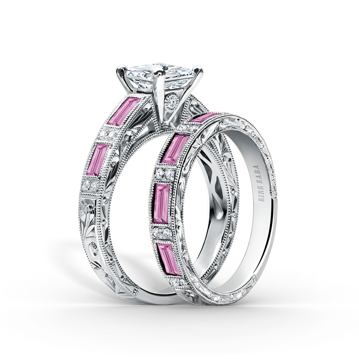 Pink Sapphire Baguette Engraved Cathedral Diamond Engagement Ring