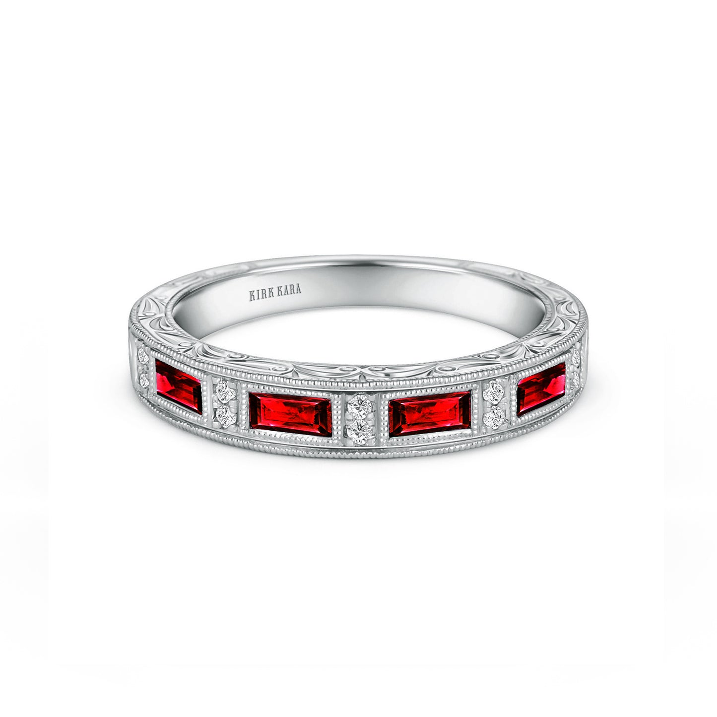 Ruby Baguette Engraved Diamond Wedding Band