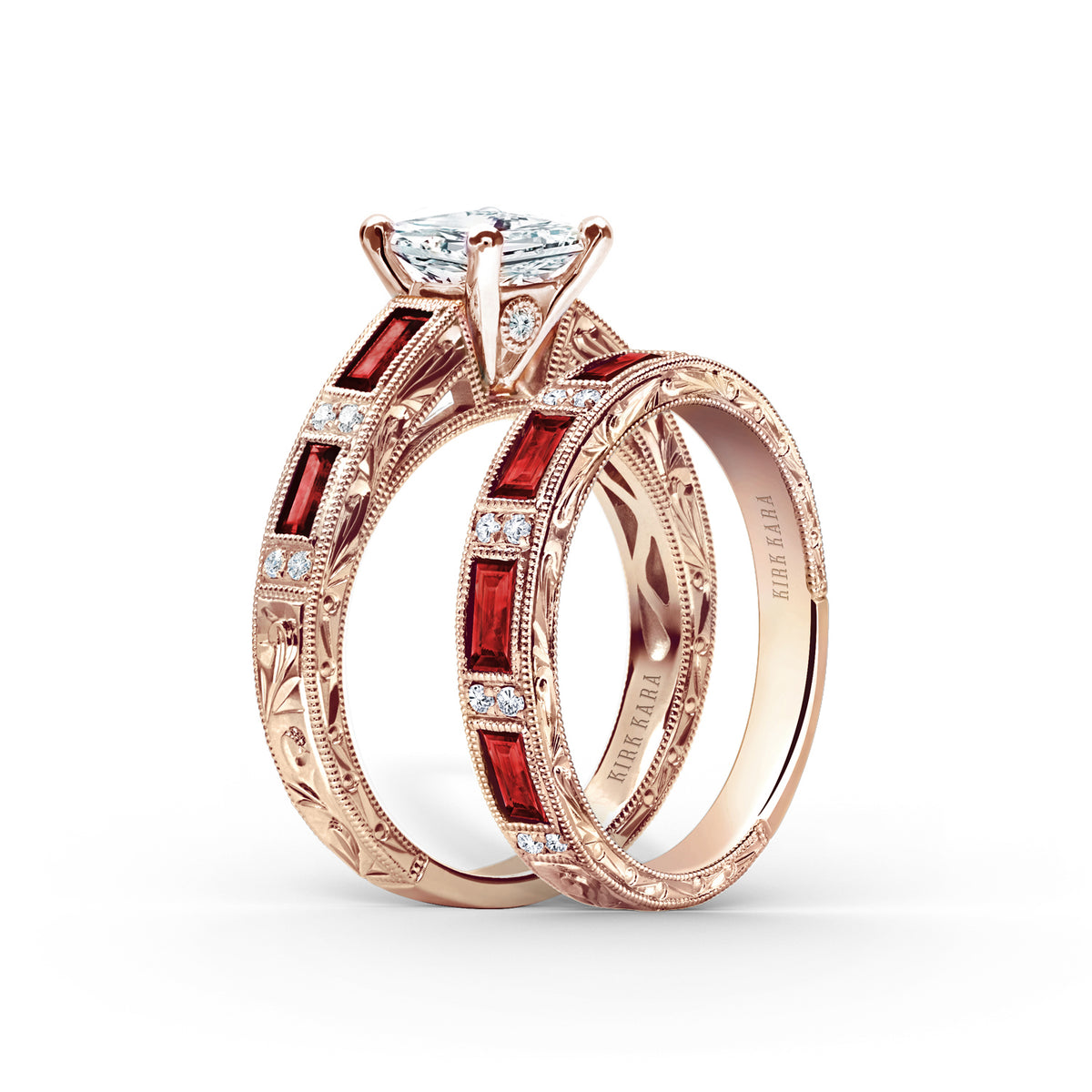 Ruby Baguette Engraved Cathedral Diamond Engagement Ring