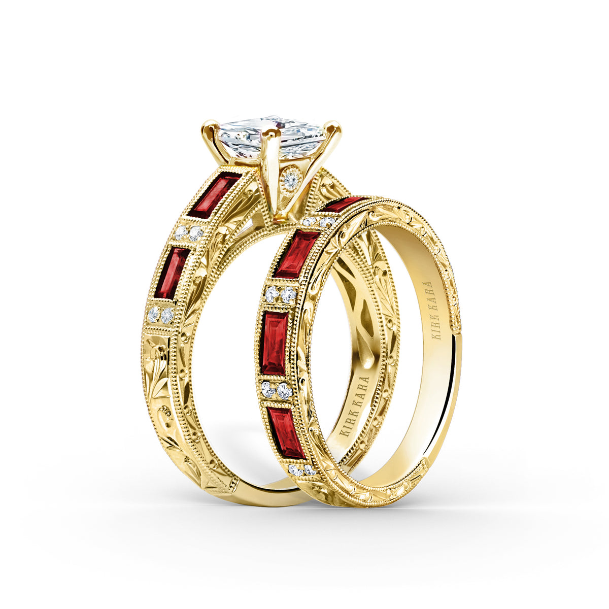 Ruby Baguette Engraved Cathedral Diamond Engagement Ring