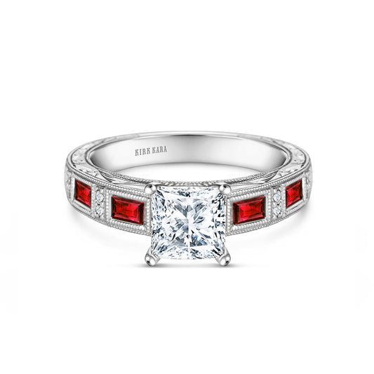 Ruby Baguette Engraved Cathedral Diamond Engagement Ring