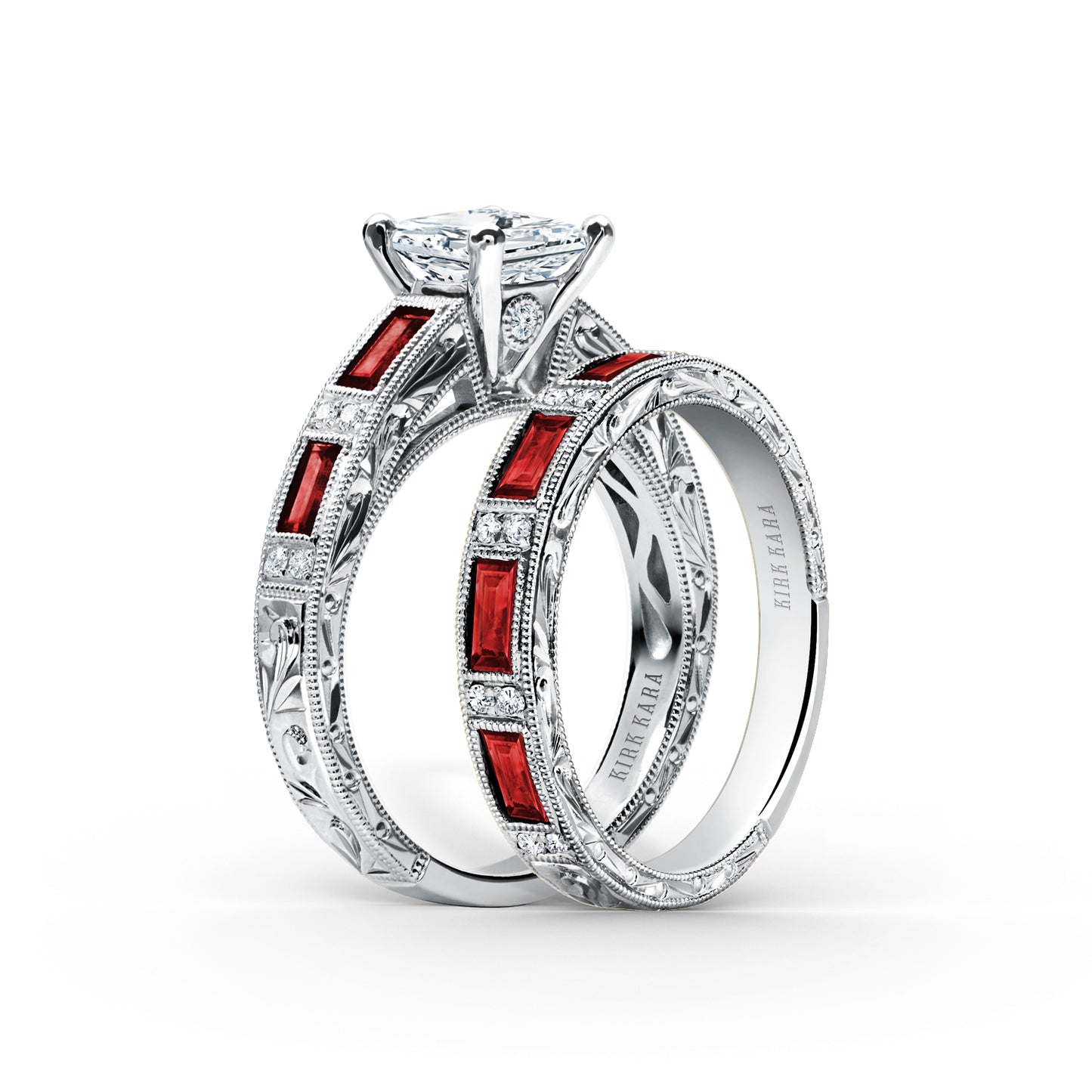 Ruby Baguette Engraved Cathedral Diamond Engagement Ring