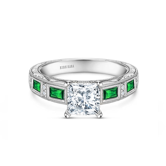 Tsavorite Engraved Cathedral Ring with 1ct Princess Certified Lab Diamond Center