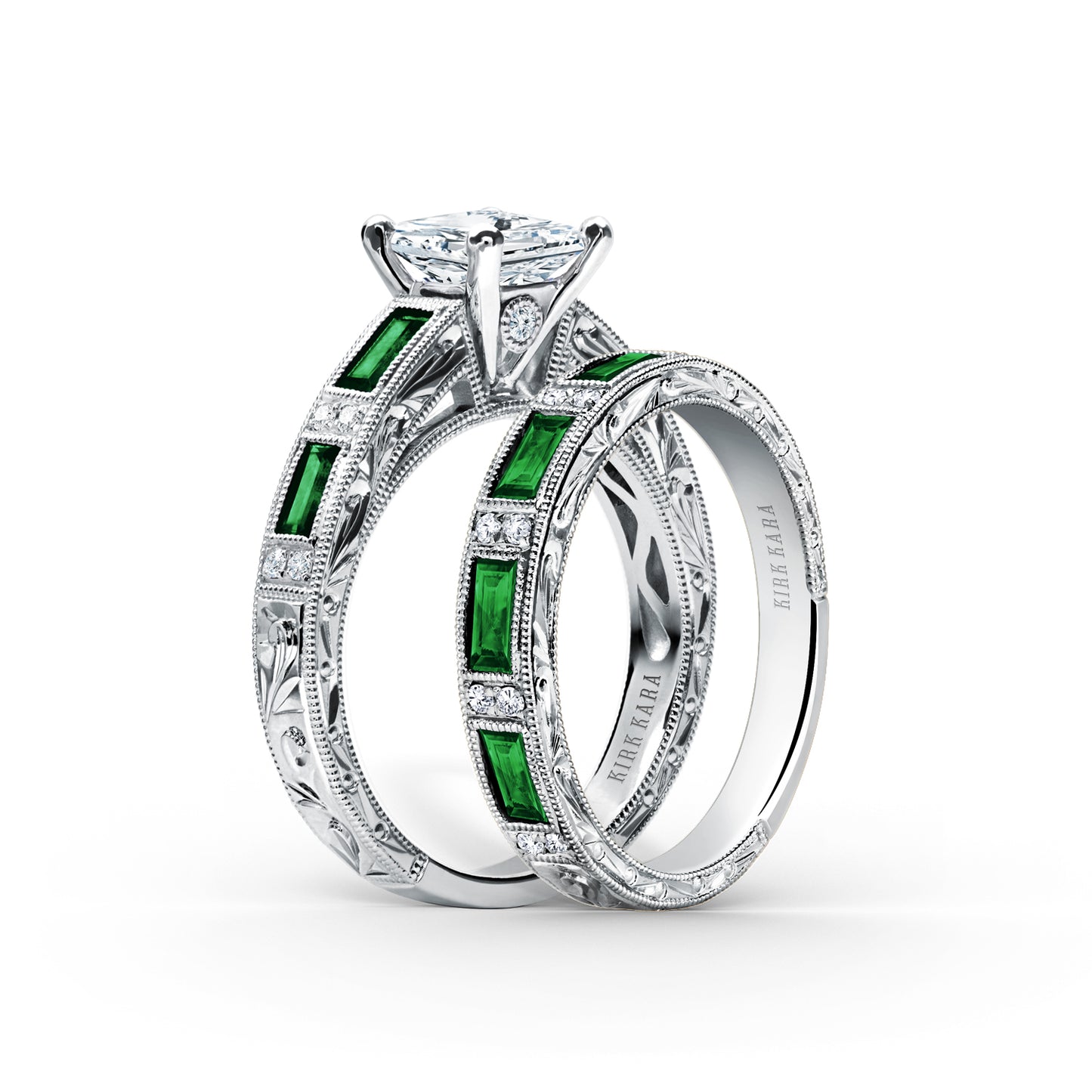 Tsavorite Baguette Engraved Cathedral Diamond Engagement Ring