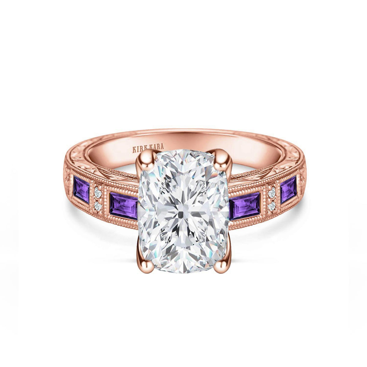 Amethyst Baguette Hand Engraved Cathedral Diamond Engagement Ring