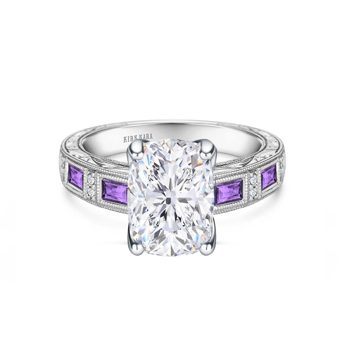 Amethyst Baguette Hand Engraved Cathedral Diamond Engagement Ring