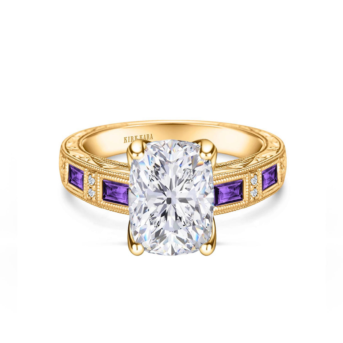 Amethyst Baguette Hand Engraved Cathedral Diamond Engagement Ring