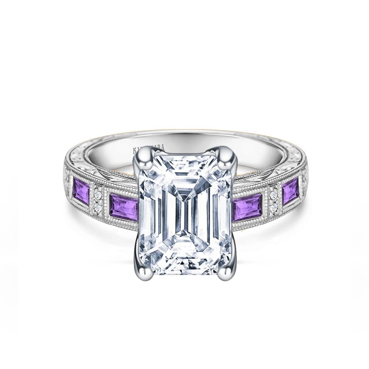 Amethyst Baguette Hand Engraved Cathedral Diamond Engagement Ring