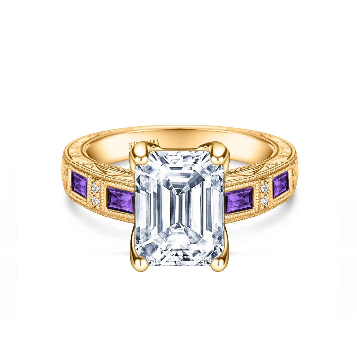 Amethyst Baguette Hand Engraved Cathedral Diamond Engagement Ring