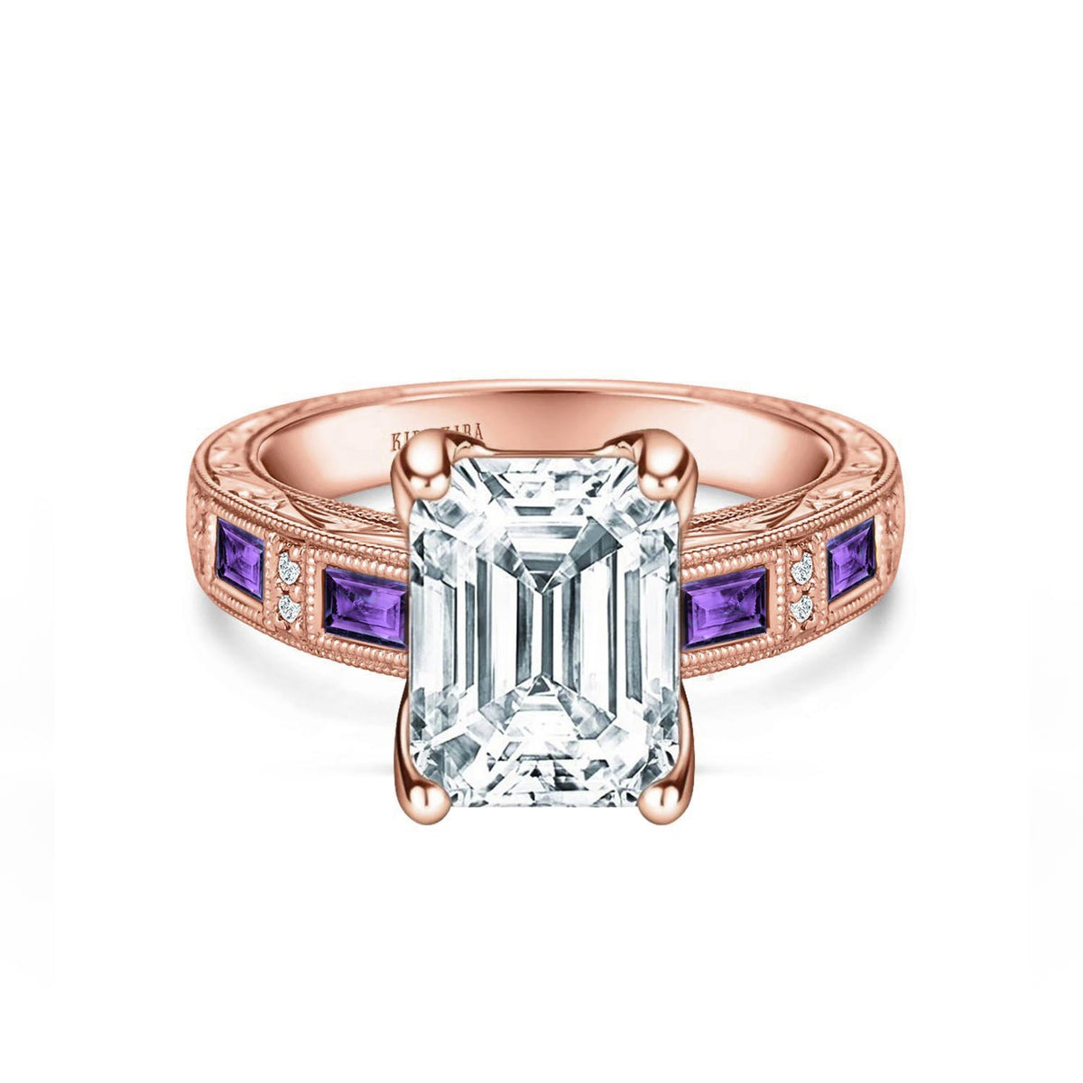 Amethyst Baguette Hand Engraved Cathedral Diamond Engagement Ring