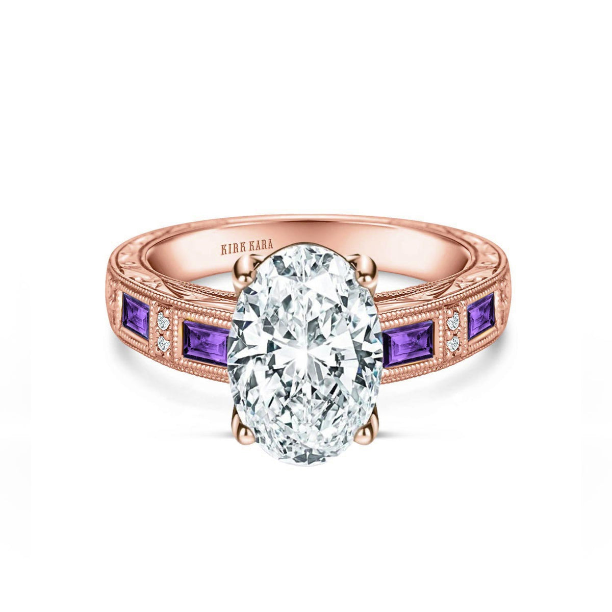 Amethyst Baguette Hand Engraved Cathedral Diamond Engagement Ring