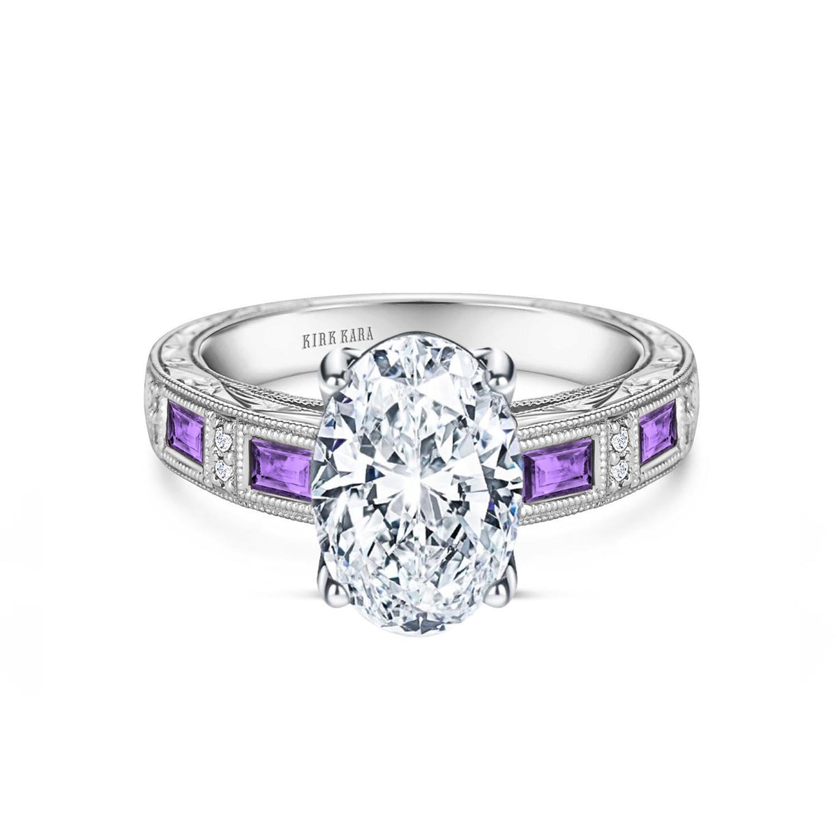 Amethyst Baguette Hand Engraved Cathedral Diamond Engagement Ring