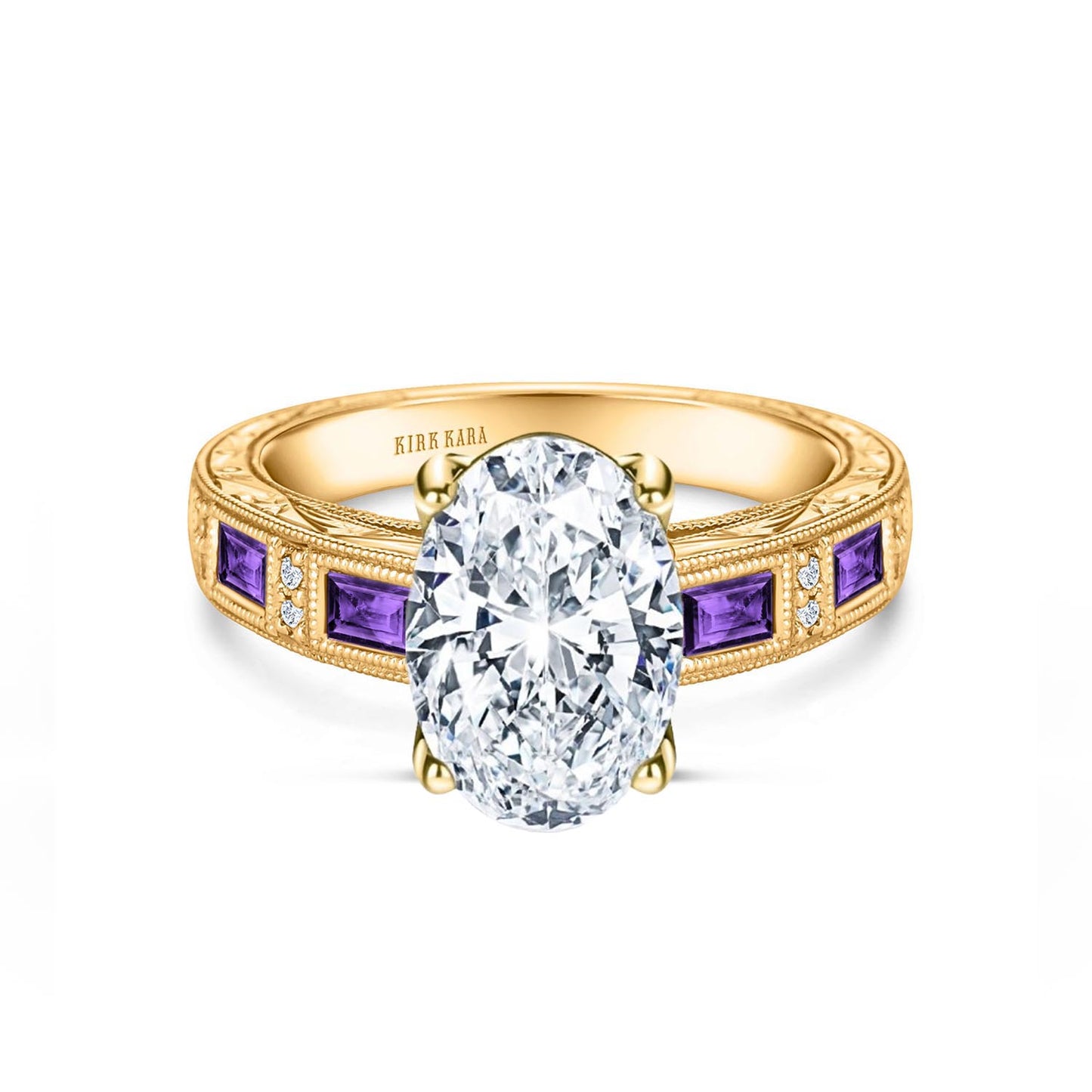 Amethyst Baguette Hand Engraved Cathedral Diamond Engagement Ring