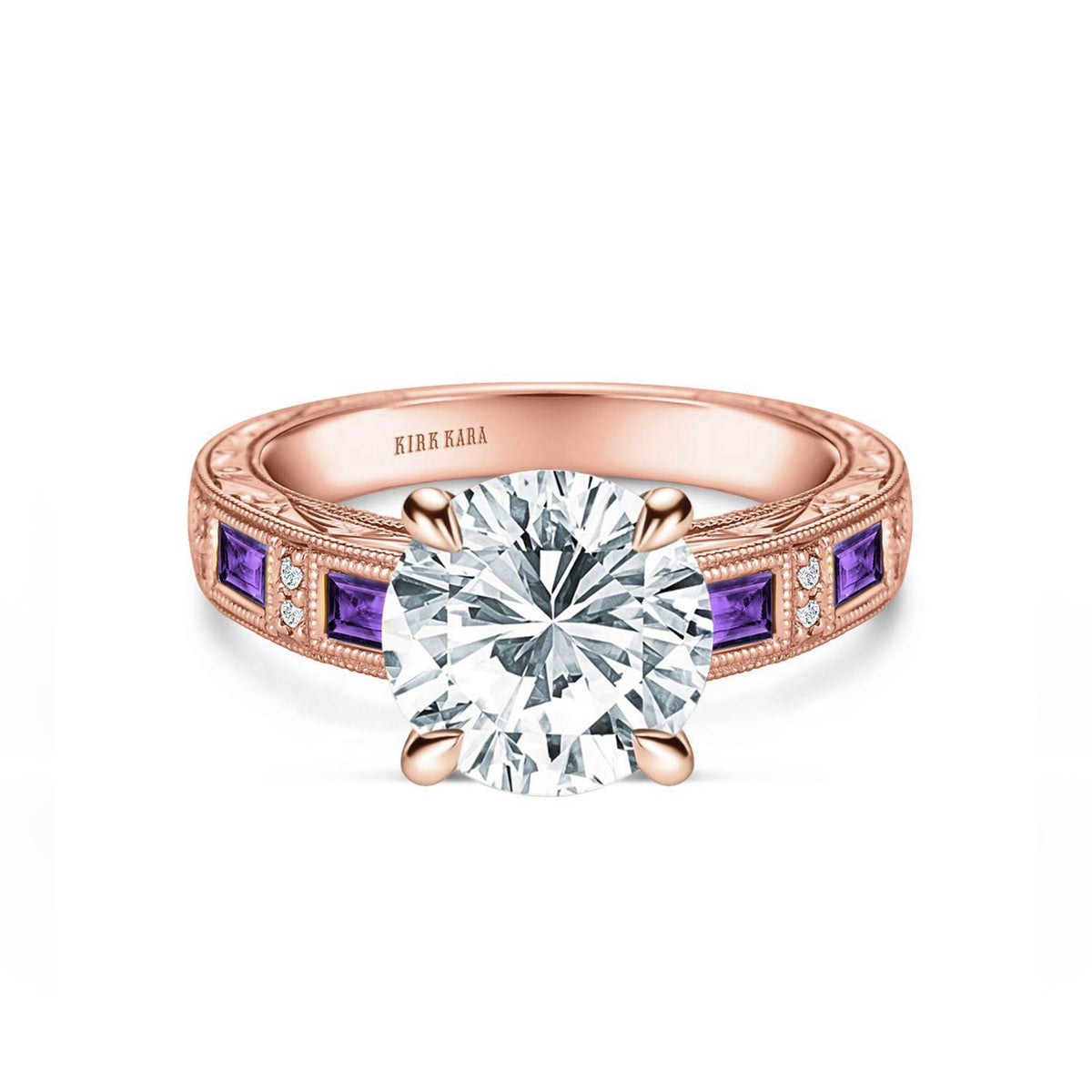 Amethyst Baguette Hand Engraved Cathedral Diamond Engagement Ring