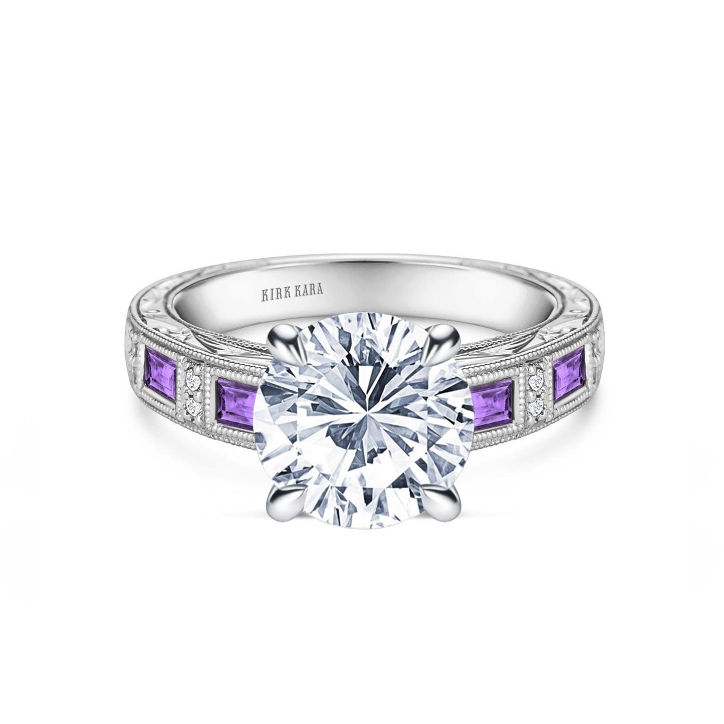 Amethyst Baguette Hand Engraved Cathedral Diamond Engagement Ring