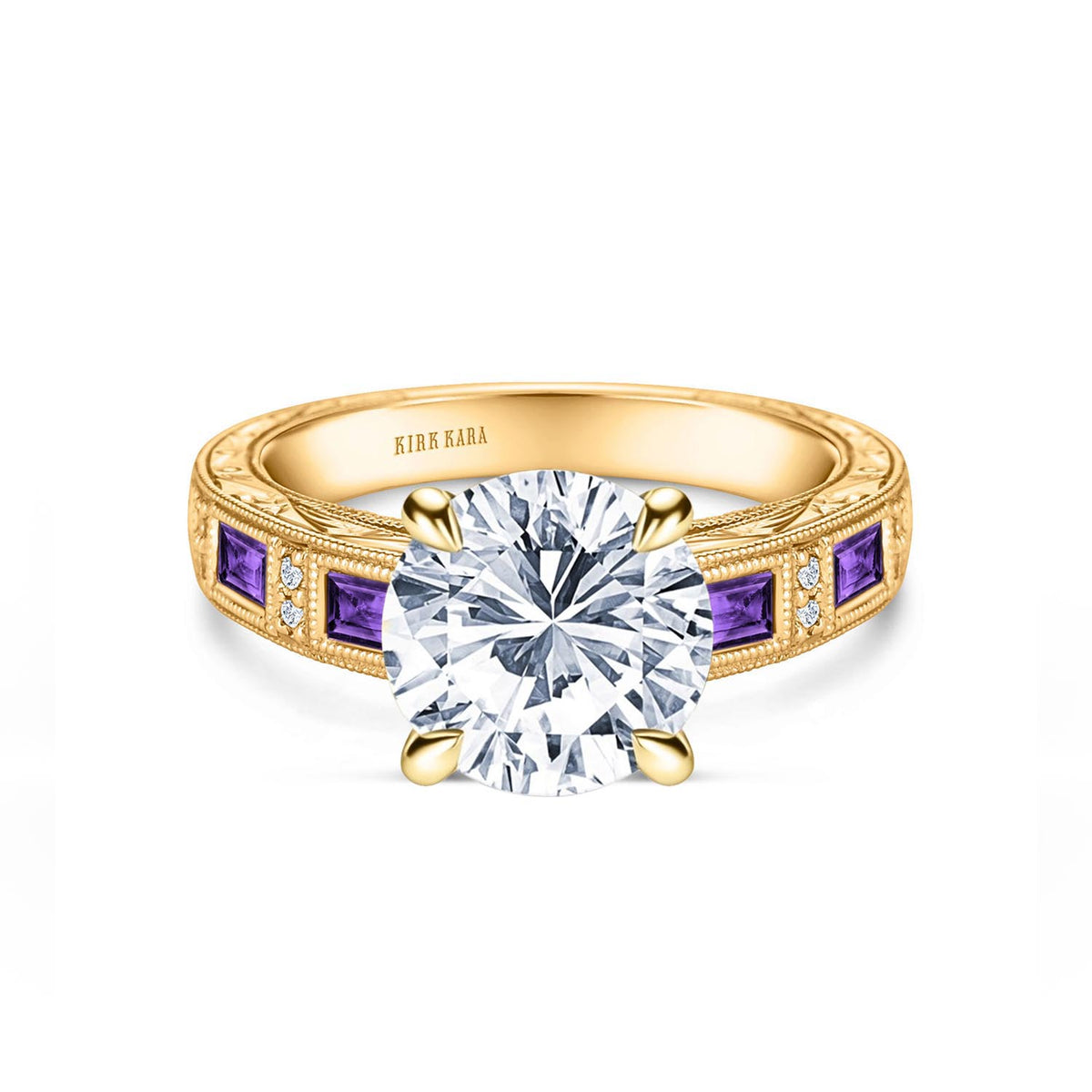 Amethyst Baguette Hand Engraved Cathedral Diamond Engagement Ring