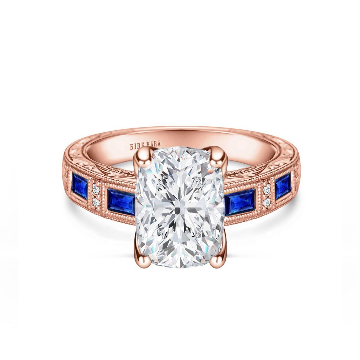Blue Sapphire Baguette Engraved Cathedral Diamond Engagement Ring