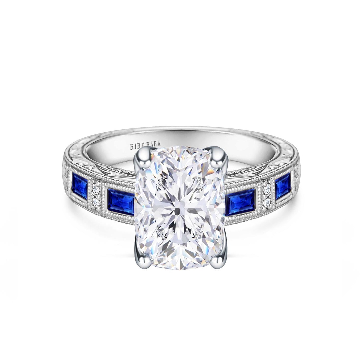 Blue Sapphire Baguette Engraved Cathedral Diamond Engagement Ring