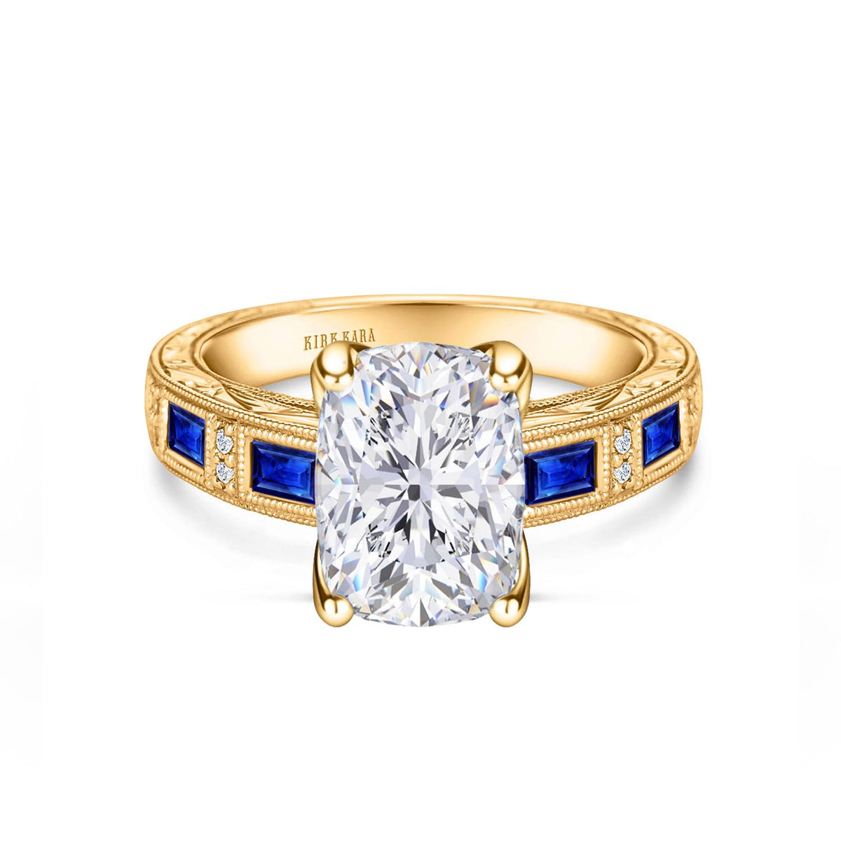 Blue Sapphire Baguette Engraved Cathedral Diamond Engagement Ring