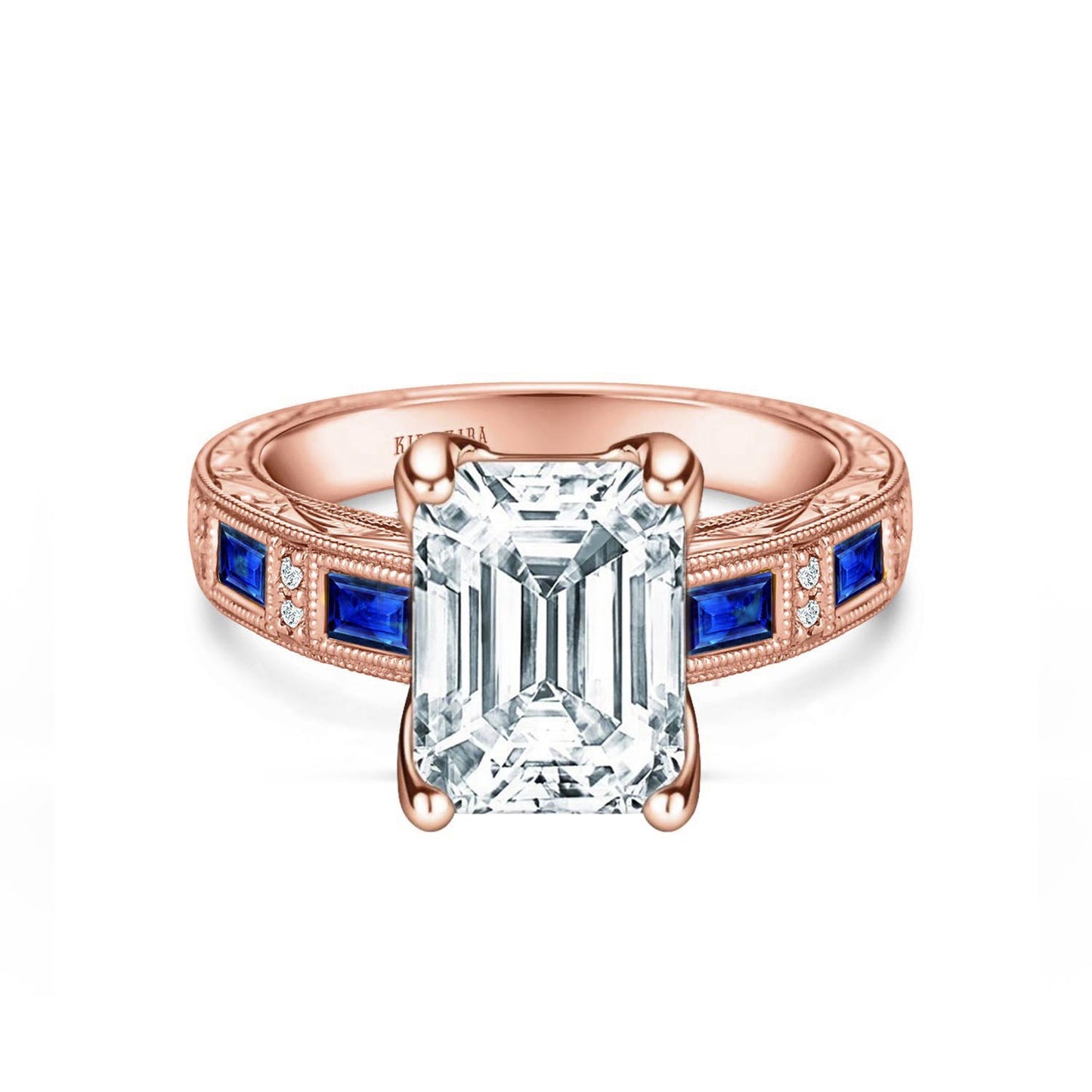 Blue Sapphire Baguette Engraved Cathedral Diamond Engagement Ring