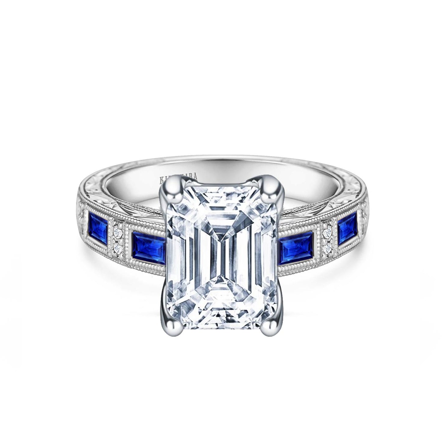 Blue Sapphire Baguette Engraved Cathedral Diamond Engagement Ring