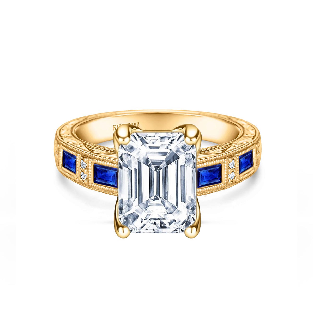 Blue Sapphire Baguette Engraved Cathedral Diamond Engagement Ring