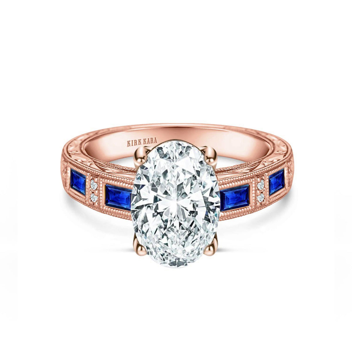 Blue Sapphire Baguette Engraved Cathedral Diamond Engagement Ring