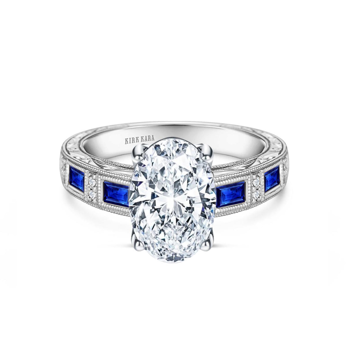 Blue Sapphire Baguette Engraved Cathedral Diamond Engagement Ring