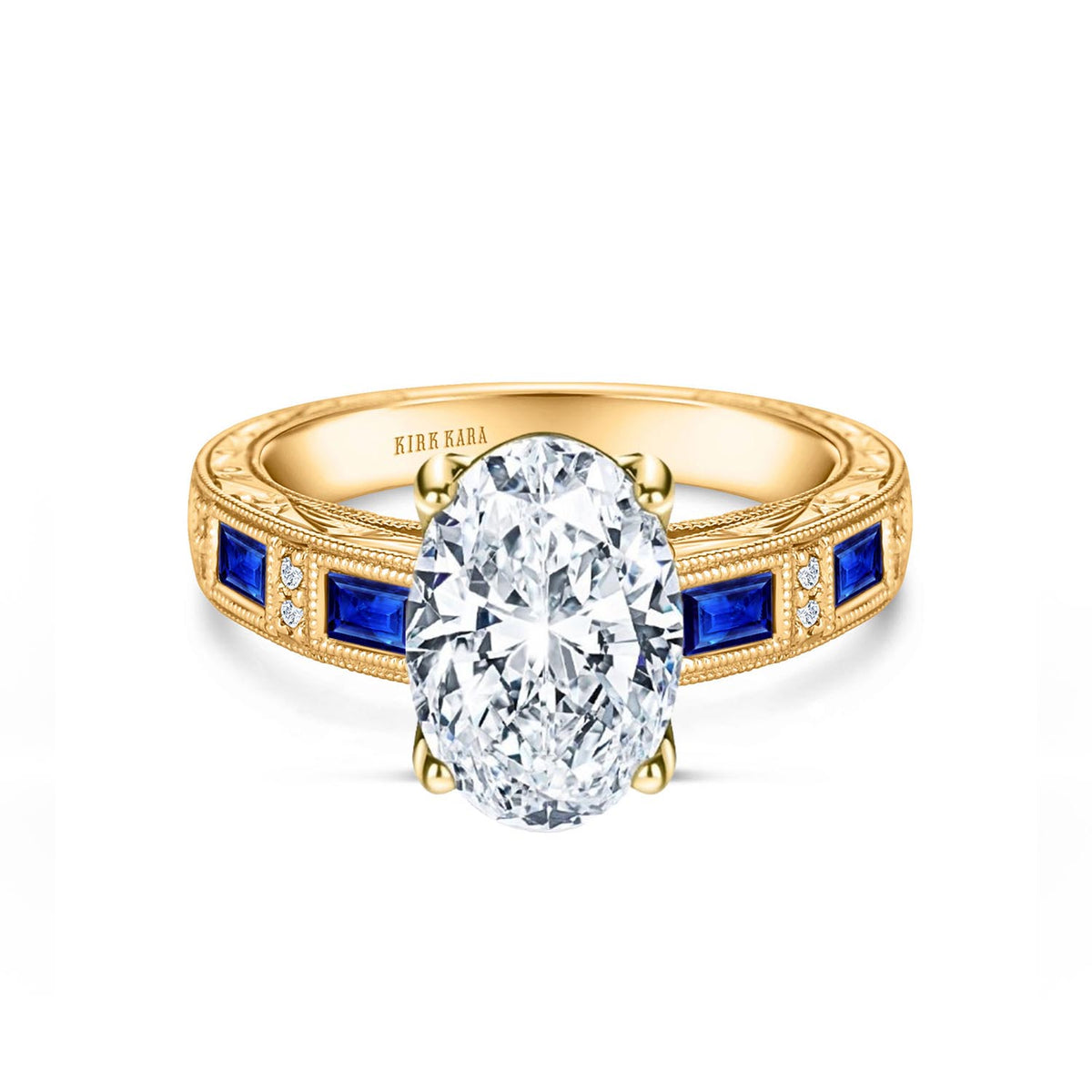 Blue Sapphire Baguette Engraved Cathedral Diamond Engagement Ring