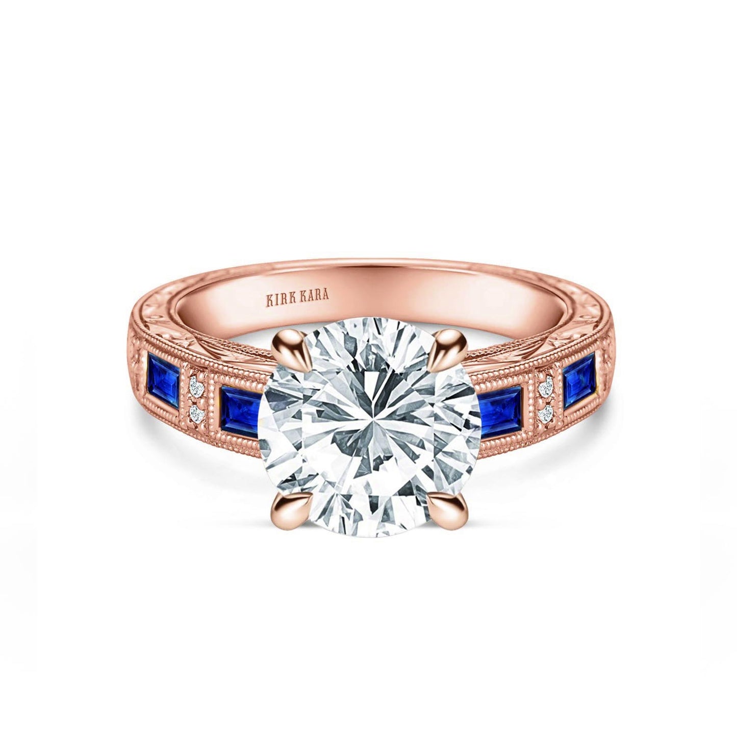 Blue Sapphire Baguette Engraved Cathedral Diamond Engagement Ring