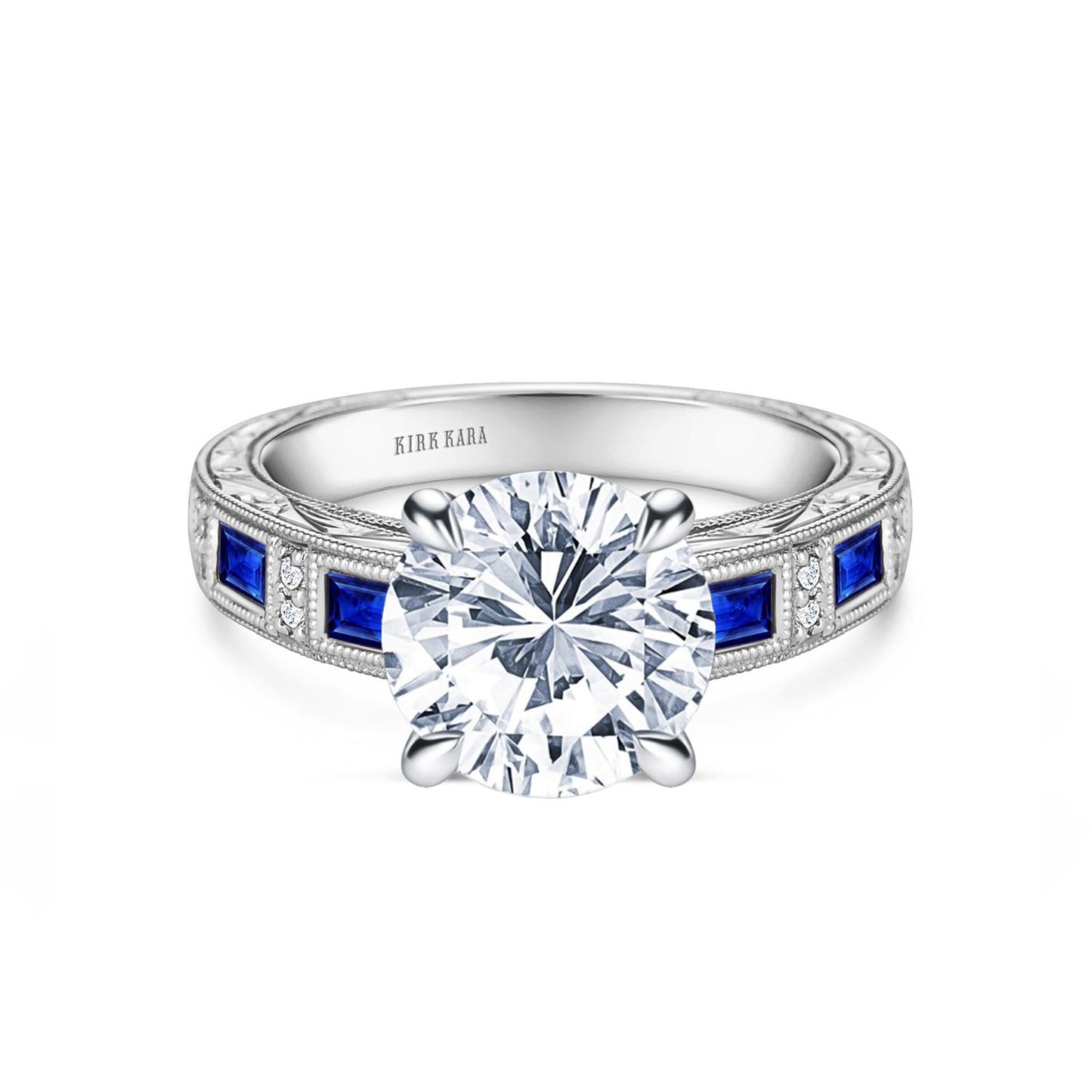 Blue Sapphire Baguette Engraved Cathedral Diamond Engagement Ring