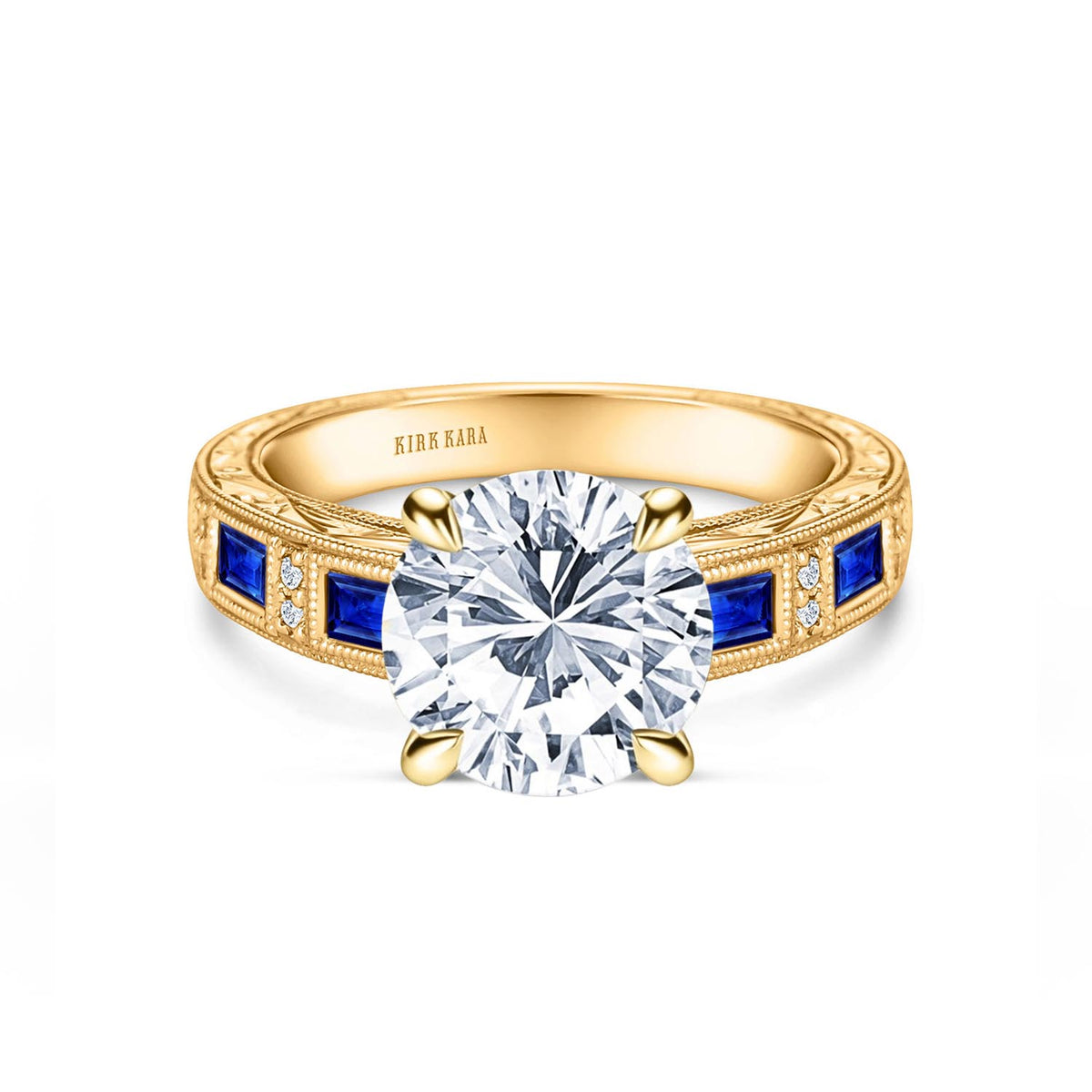 Blue Sapphire Baguette Engraved Cathedral Diamond Engagement Ring
