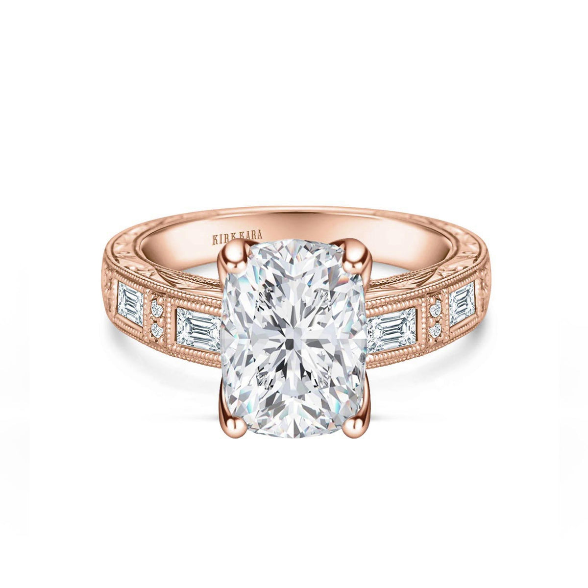 Baguette Engraved Cathedral Diamond Engagement Ring