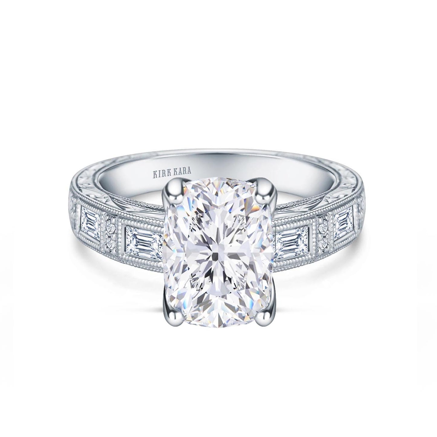 Baguette Engraved Cathedral Diamond Engagement Ring