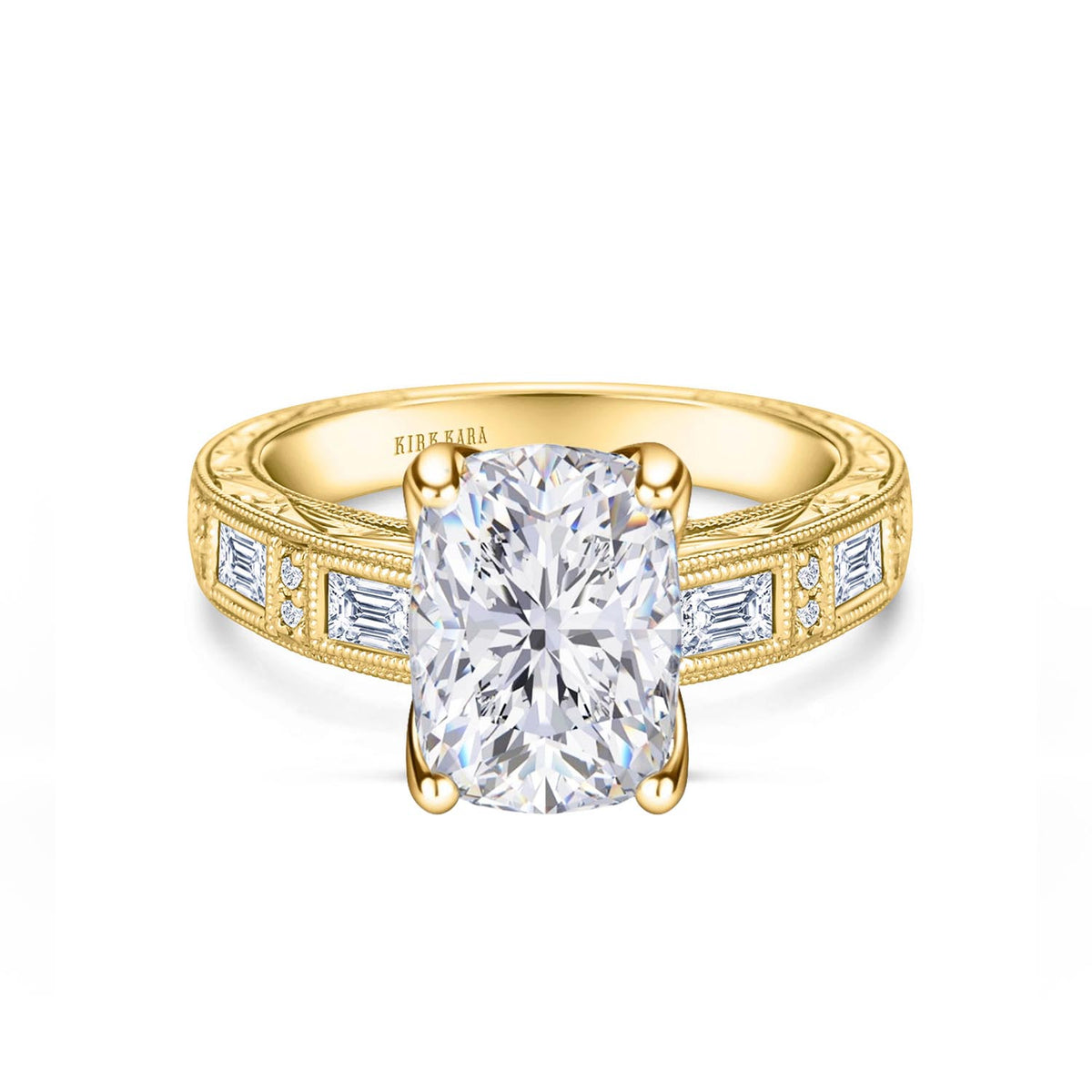 Baguette Engraved Cathedral Diamond Engagement Ring