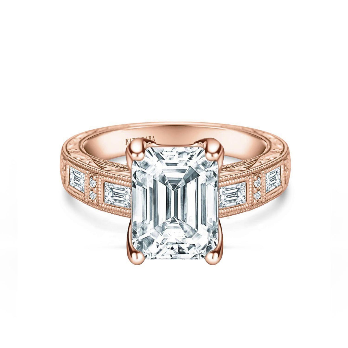 Baguette Engraved Cathedral Diamond Engagement Ring