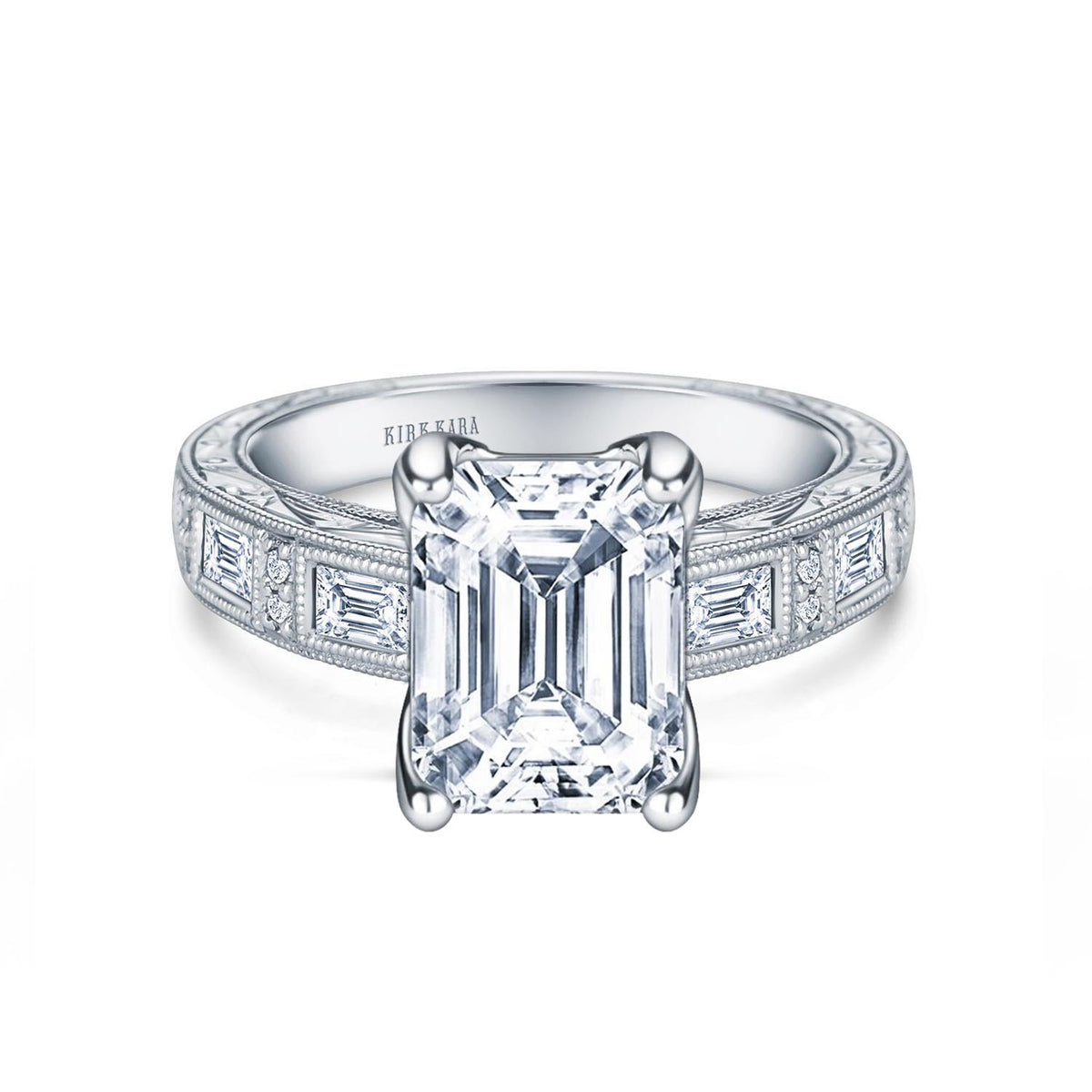 Baguette Engraved Cathedral Diamond Engagement Ring