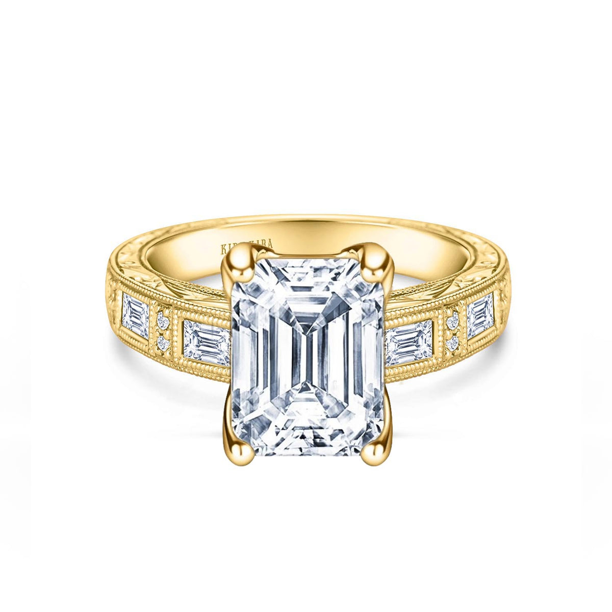 Baguette Engraved Cathedral Diamond Engagement Ring