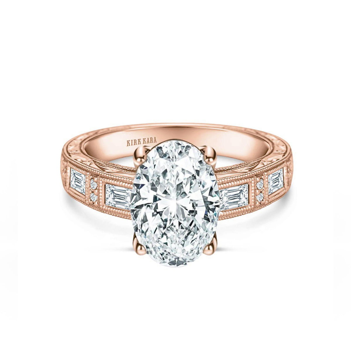 Baguette Engraved Cathedral Diamond Engagement Ring