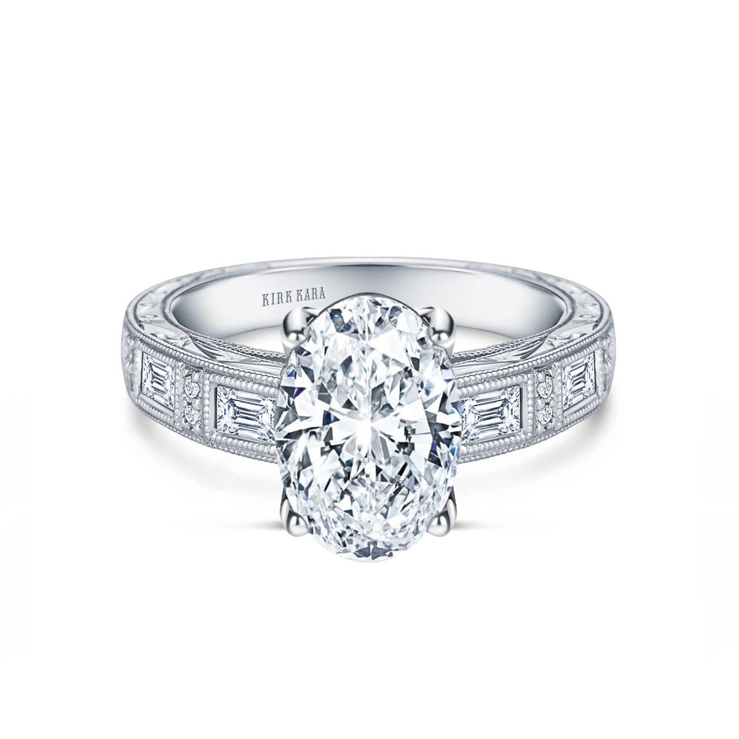 Baguette Engraved Cathedral Diamond Engagement Ring