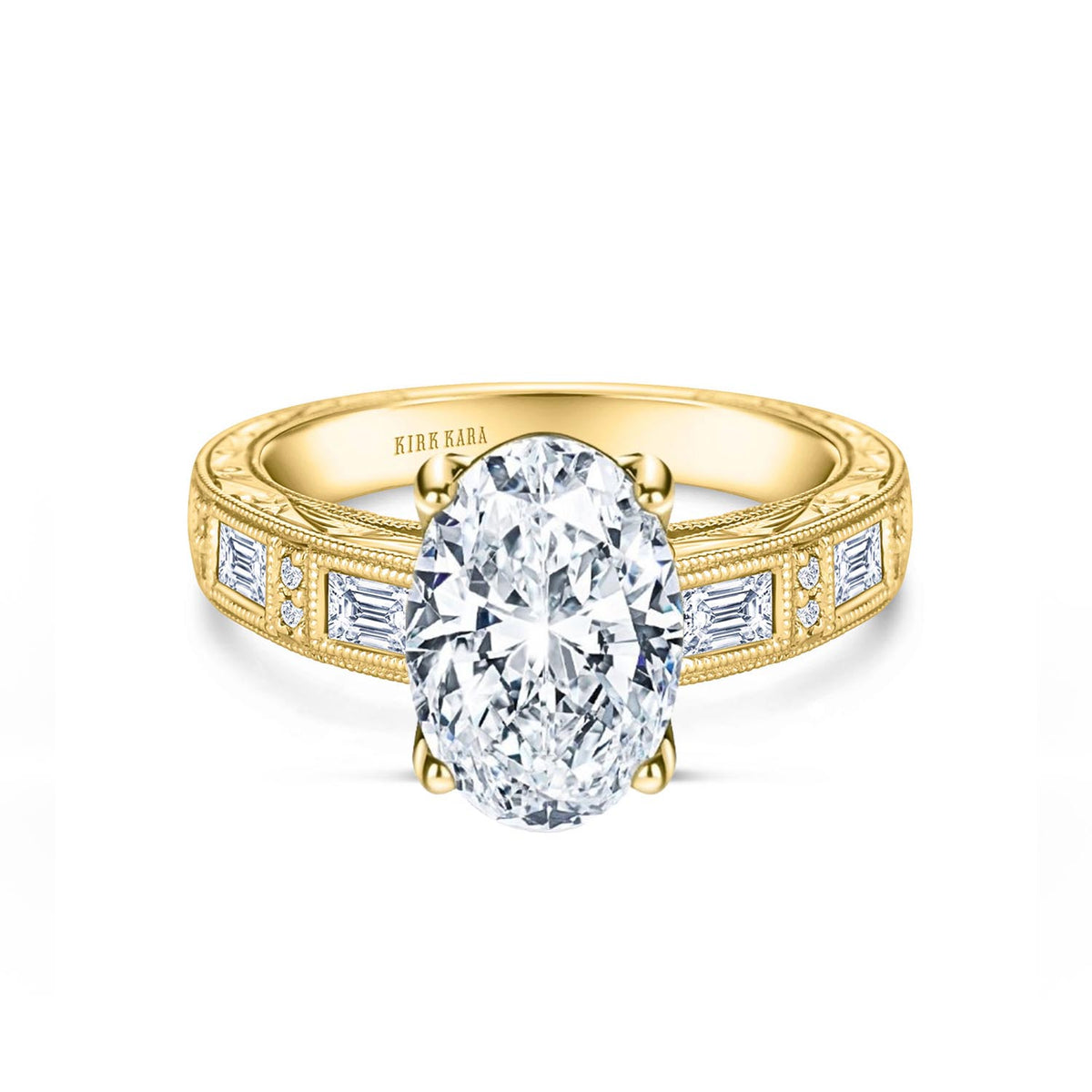 Baguette Engraved Cathedral Diamond Engagement Ring