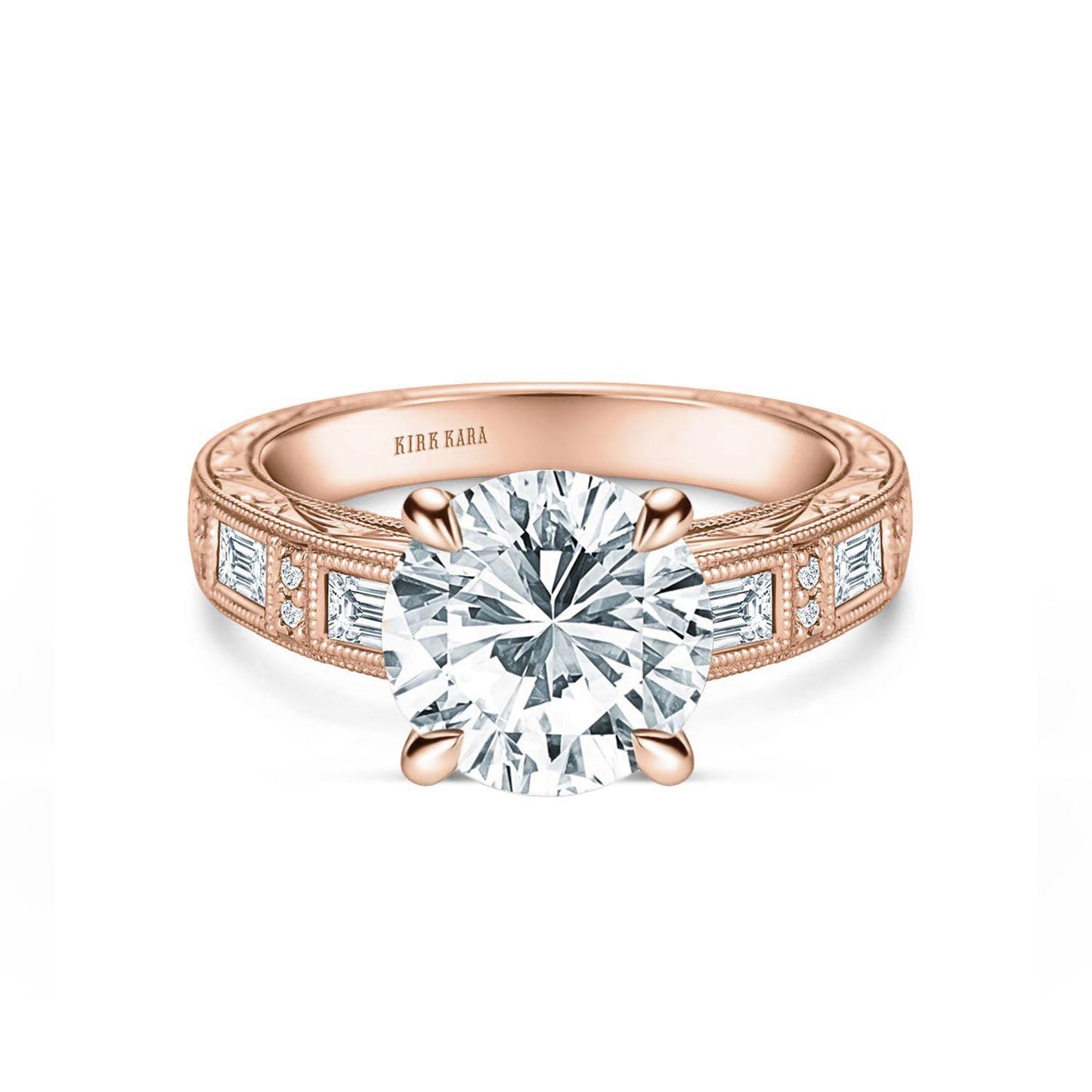 Baguette Engraved Cathedral Diamond Engagement Ring
